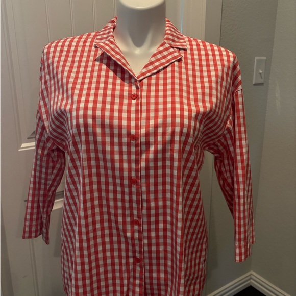 Lafayette 148 New York Coral and White Gingham 3/4 Sleeve Blouse - Picture 1 of 6